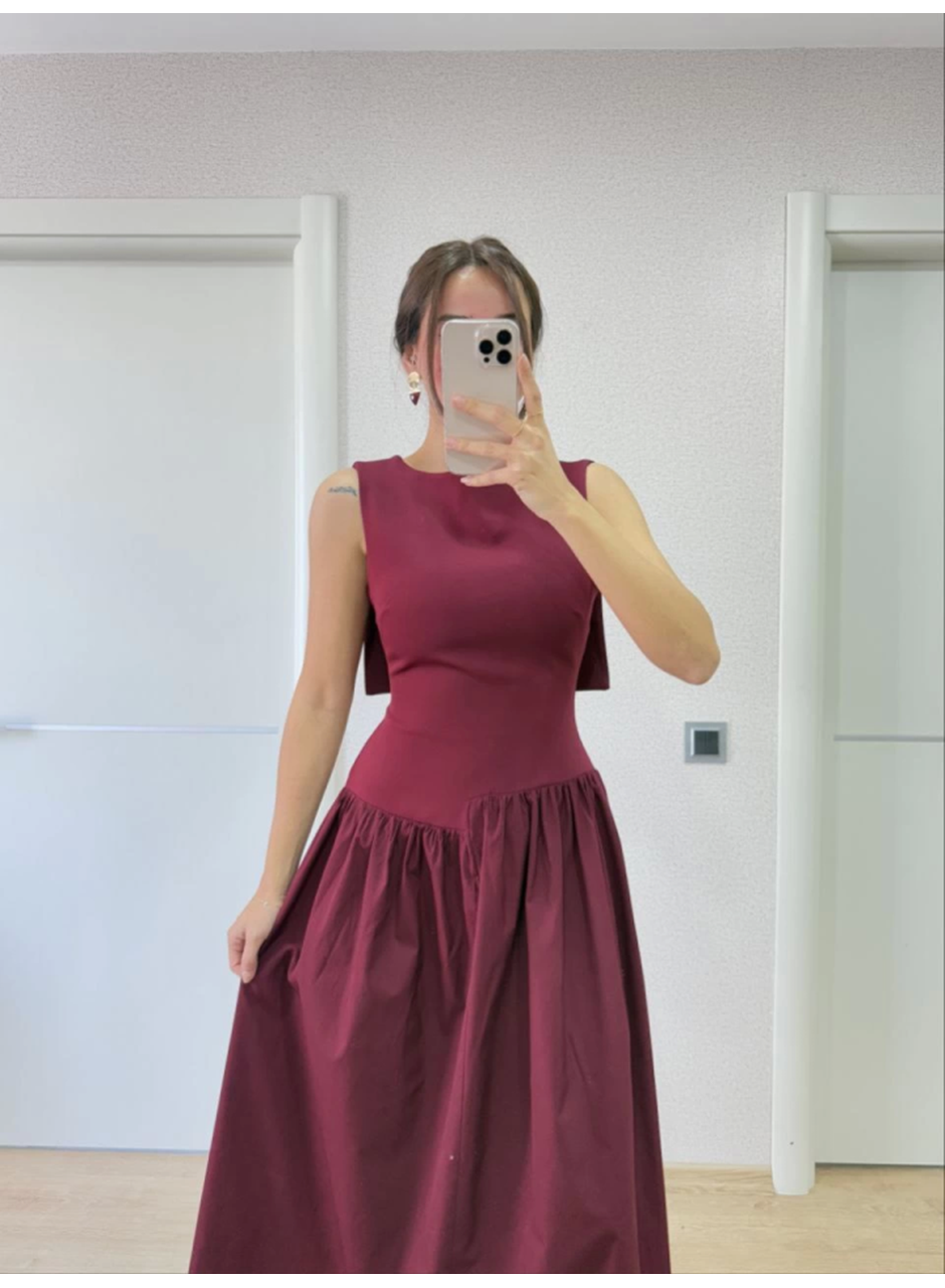 Arkası Kanatlı Uzun Elbise- Bordo