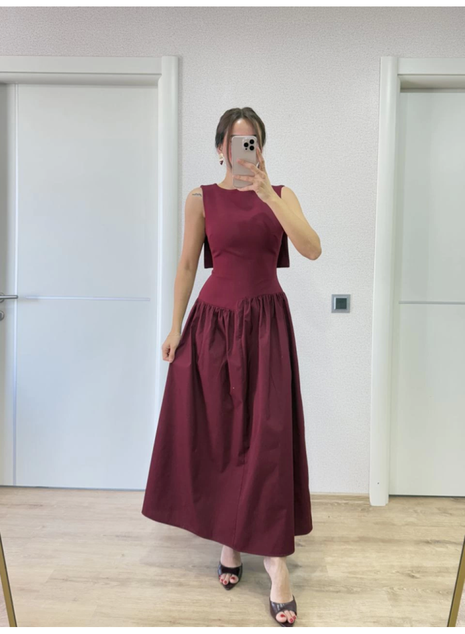 Arkası Kanatlı Uzun Elbise- Bordo