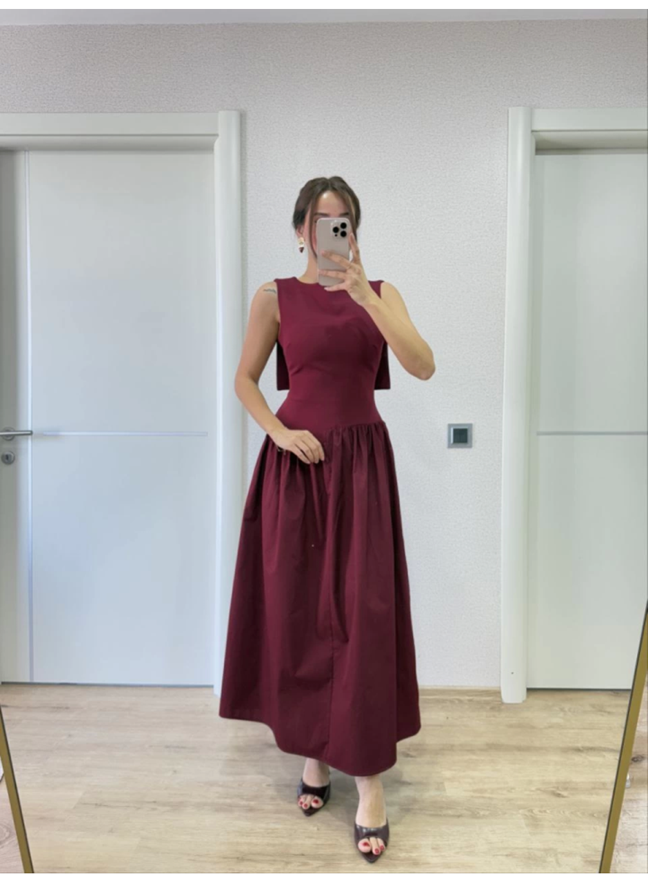 Arkası Kanatlı Uzun Elbise- Bordo