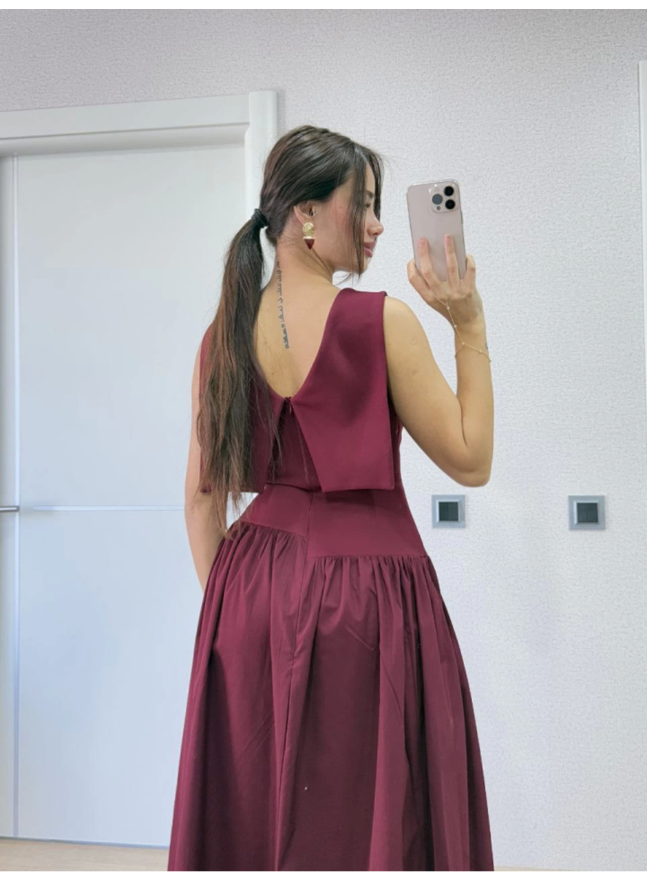 Arkası Kanatlı Uzun Elbise- Bordo