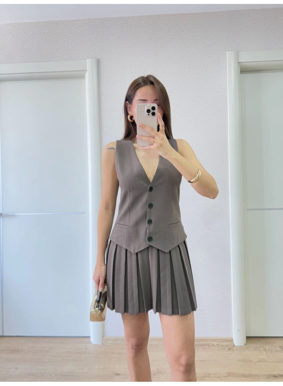 Takım Görünümlu Yelekli Mini Elbise- Füme