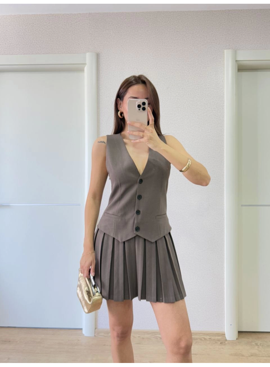 Takım Görünümlu Yelekli Mini Elbise- Füme