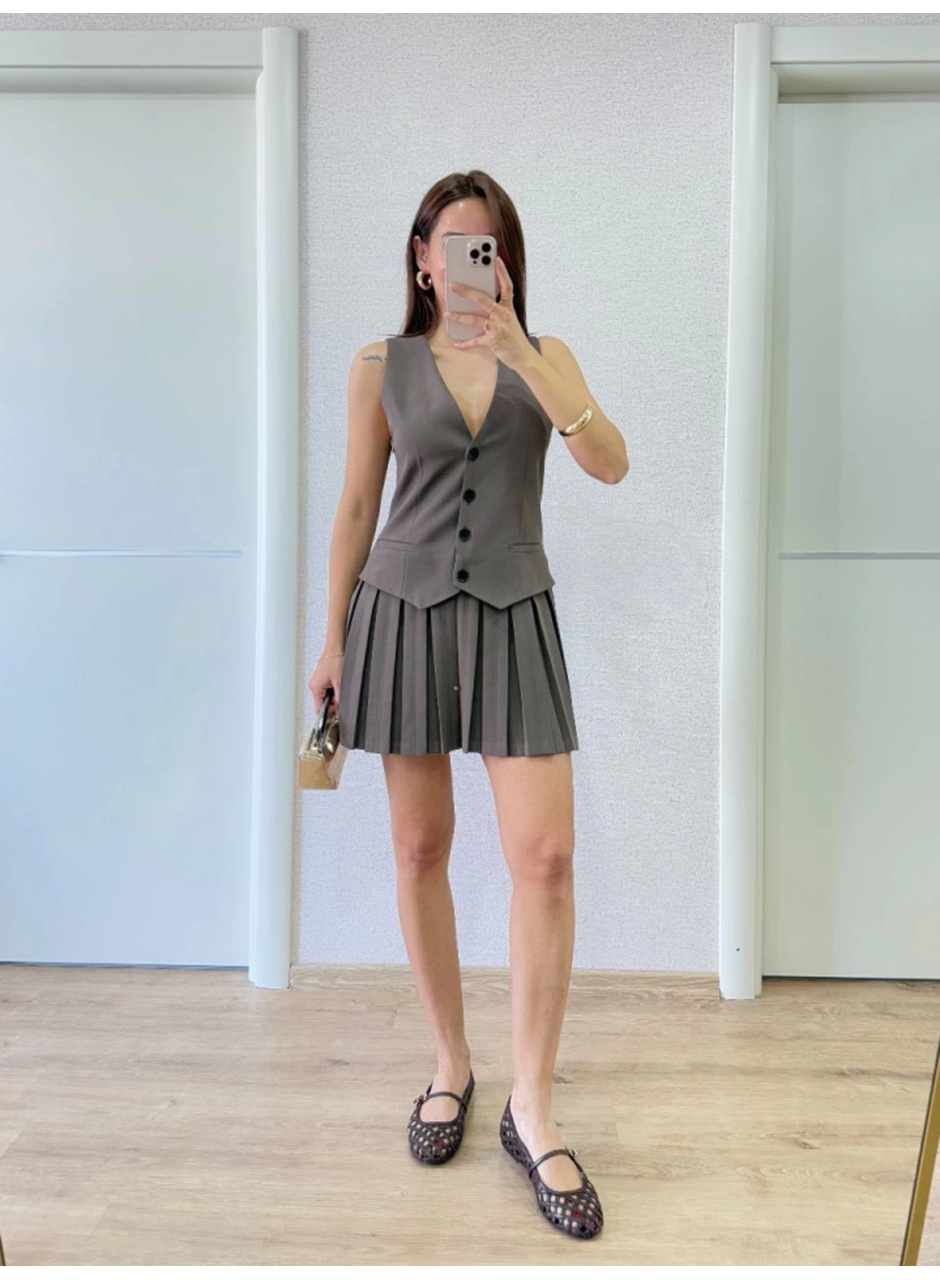 Takım Görünümlu Yelekli Mini Elbise- Füme