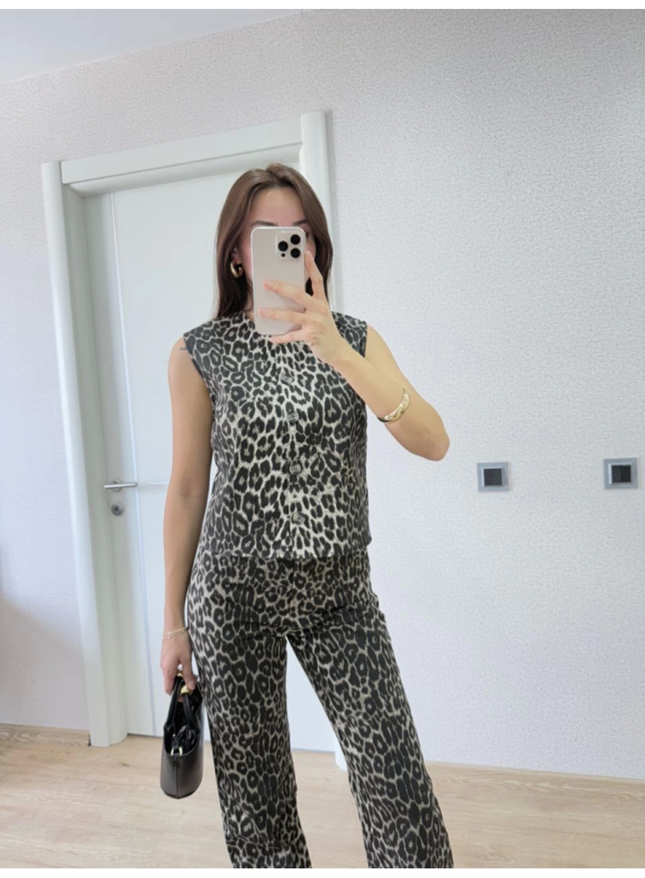 Leopar Desenli Düğmeli Bluzlu Pantolon İkili Takım -Leopar