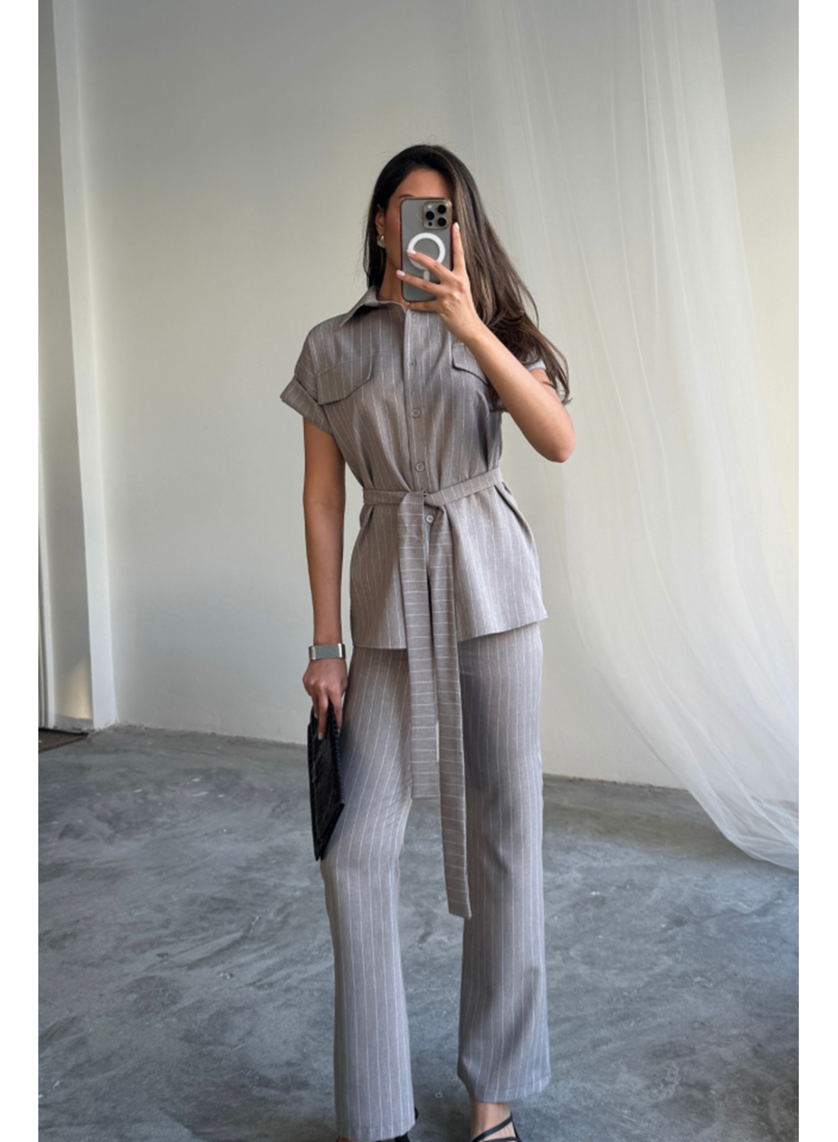 ÇİZGİLİ POLYVİSKON BLUZ - PANTOLON TAKIM - Gri