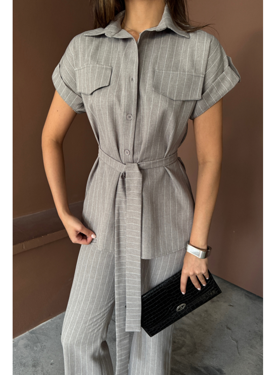 ÇİZGİLİ POLYVİSKON BLUZ - PANTOLON TAKIM - Gri