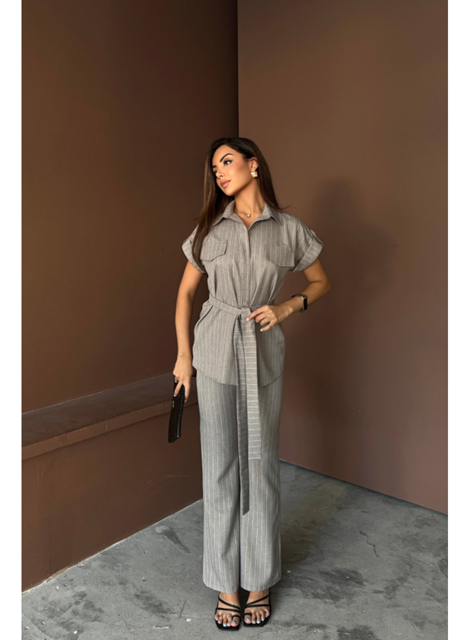 ÇİZGİLİ POLYVİSKON BLUZ - PANTOLON TAKIM - Gri