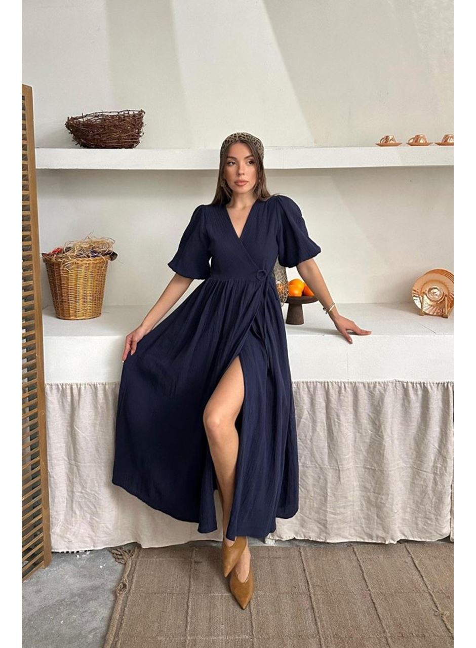 Lacivert Müslin Uzun Elbise