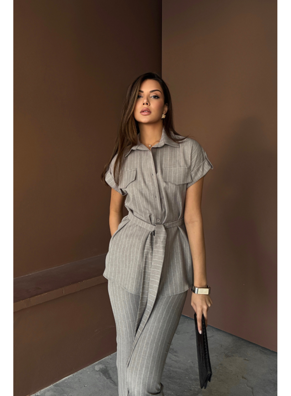 ÇİZGİLİ POLYVİSKON BLUZ - PANTOLON TAKIM - Gri