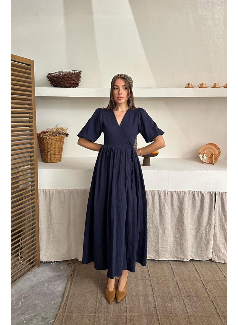 Lacivert Müslin Uzun Elbise