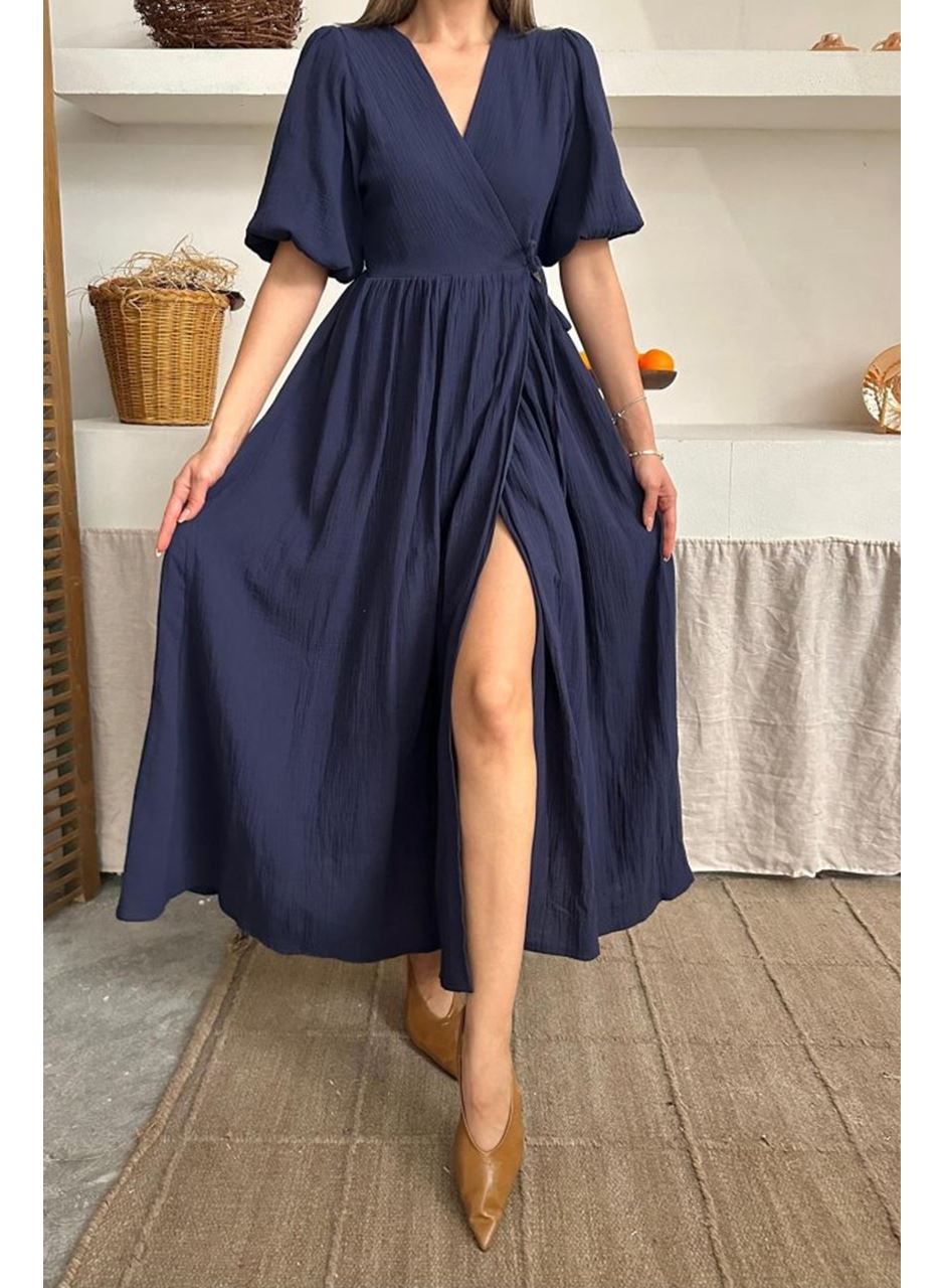 Lacivert Müslin Uzun Elbise
