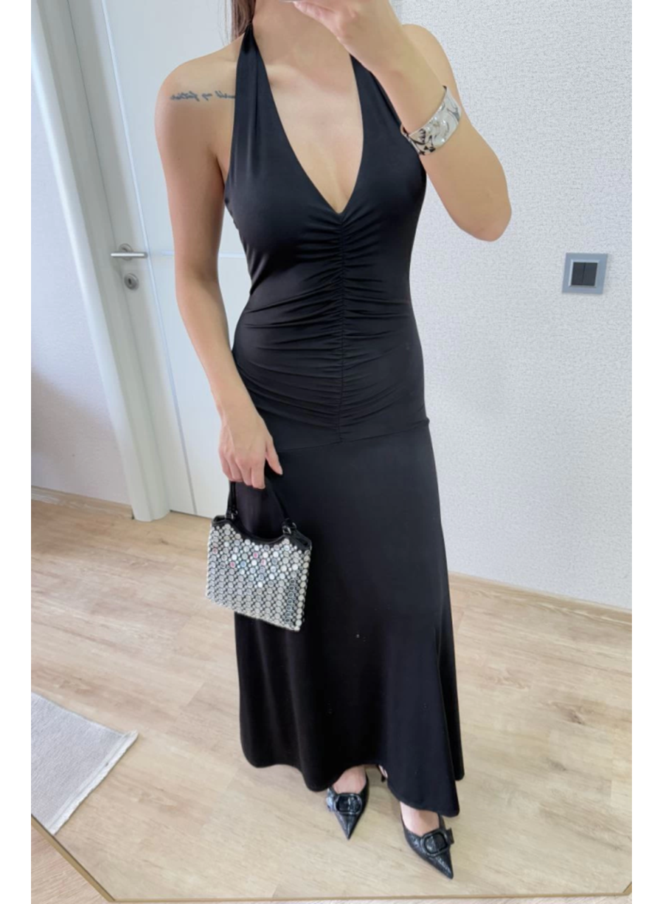 Sırt Dekolteli Uzun Kollu Elbise - Siyah