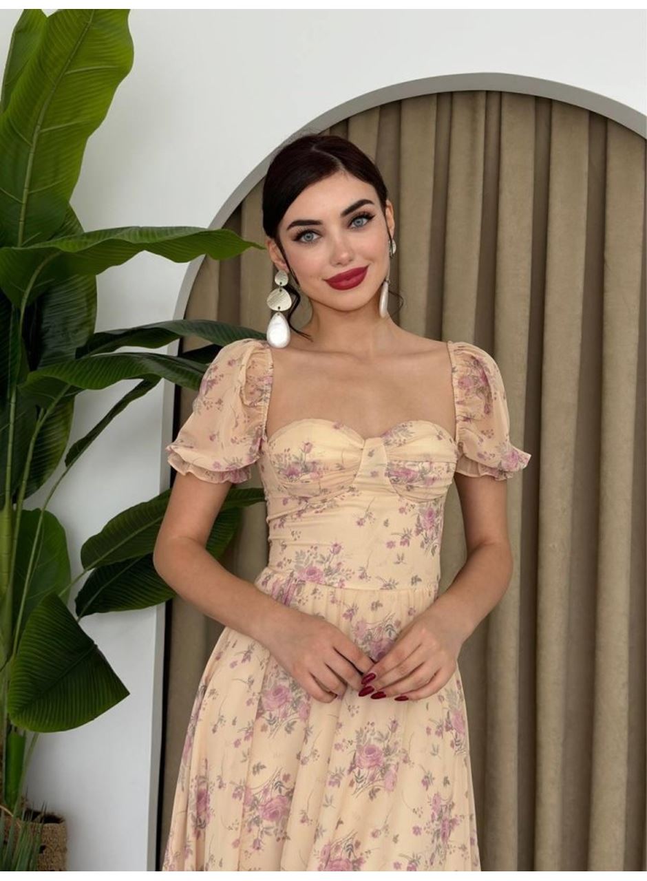 ŞİFON KUMAŞ DİJİTAL DESEN BASKILI ELBİSE