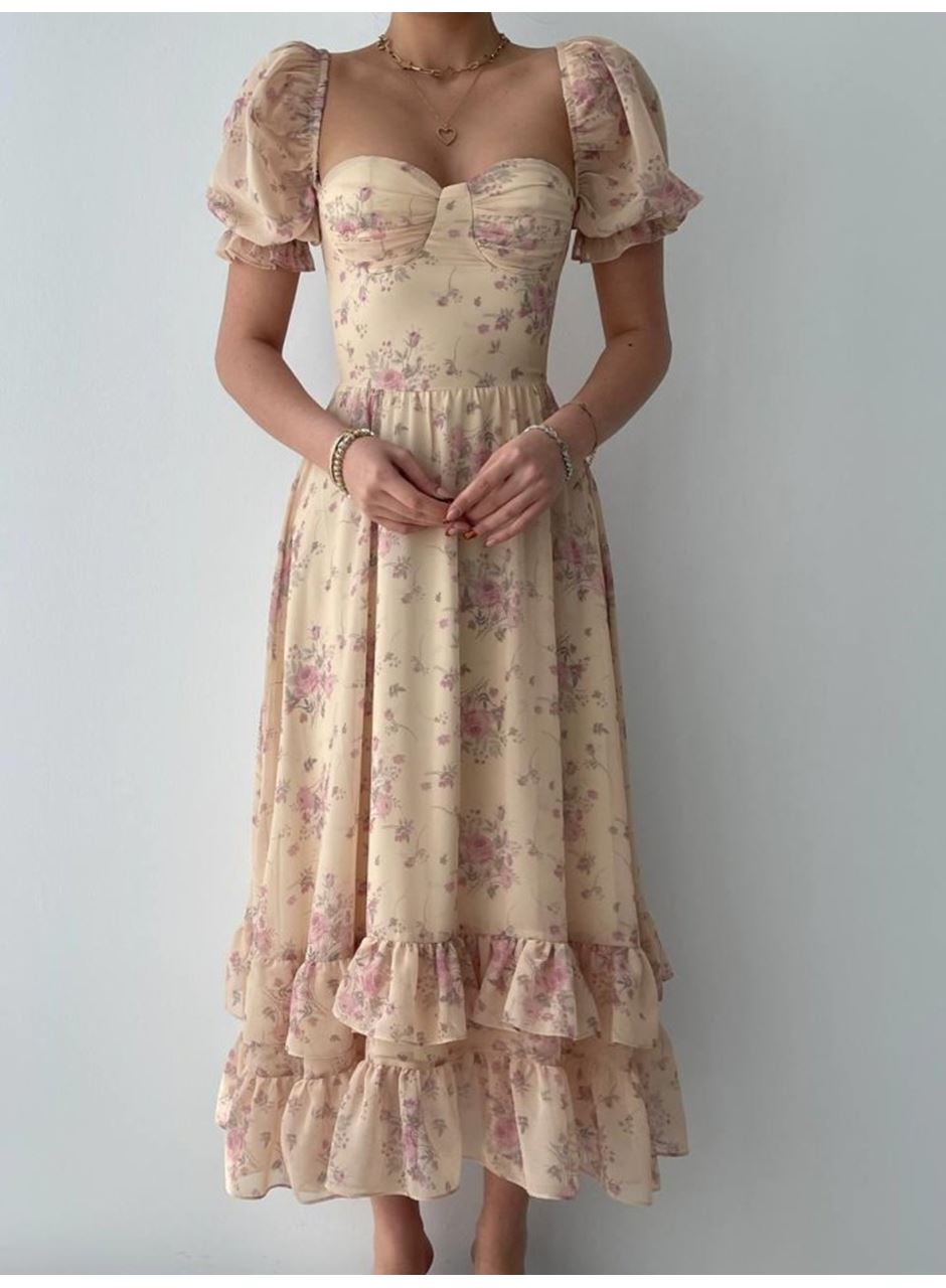 ŞİFON KUMAŞ DİJİTAL DESEN BASKILI ELBİSE