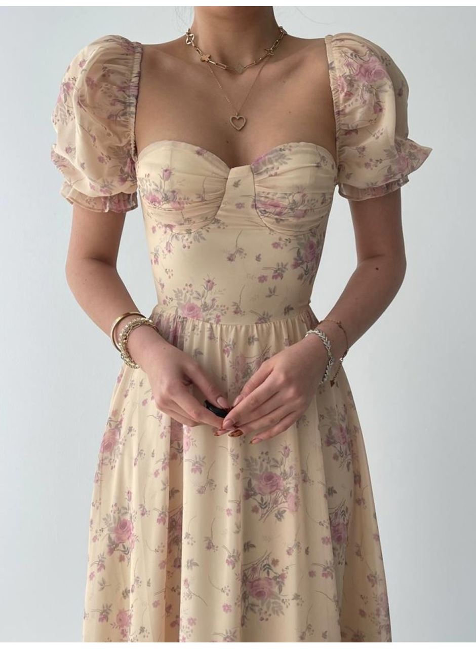 ŞİFON KUMAŞ DİJİTAL DESEN BASKILI ELBİSE