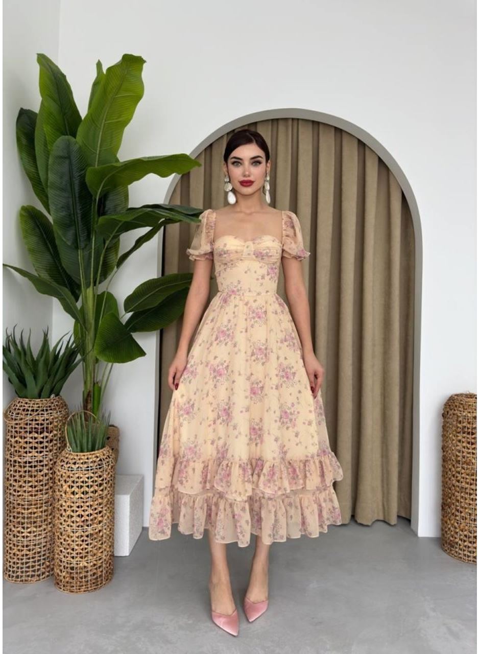 ŞİFON KUMAŞ DİJİTAL DESEN BASKILI ELBİSE