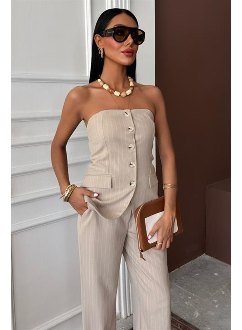 Straplez Büstiyerli Plazzo Pantolonlu Çizgili Takım 10151