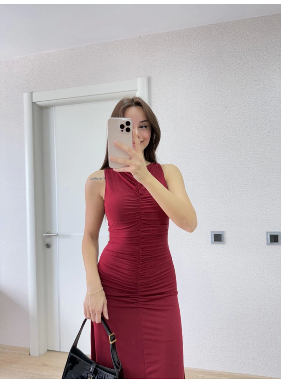 Kolsuz Büzgülü Uzun Elbise - Kırmızı