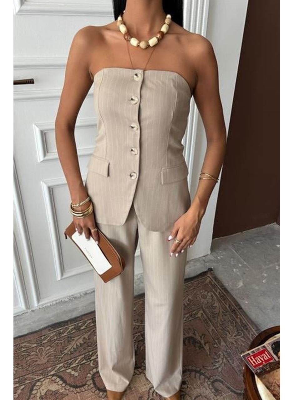 Straplez Büstiyerli Plazzo Pantolonlu Çizgili Takım 10151