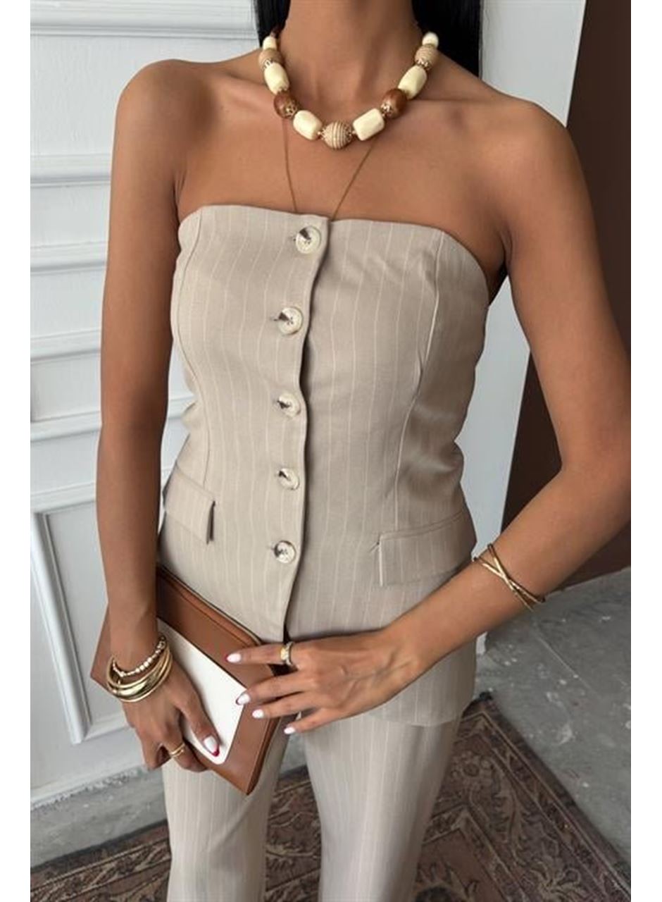 Straplez Büstiyerli Plazzo Pantolonlu Çizgili Takım 10151