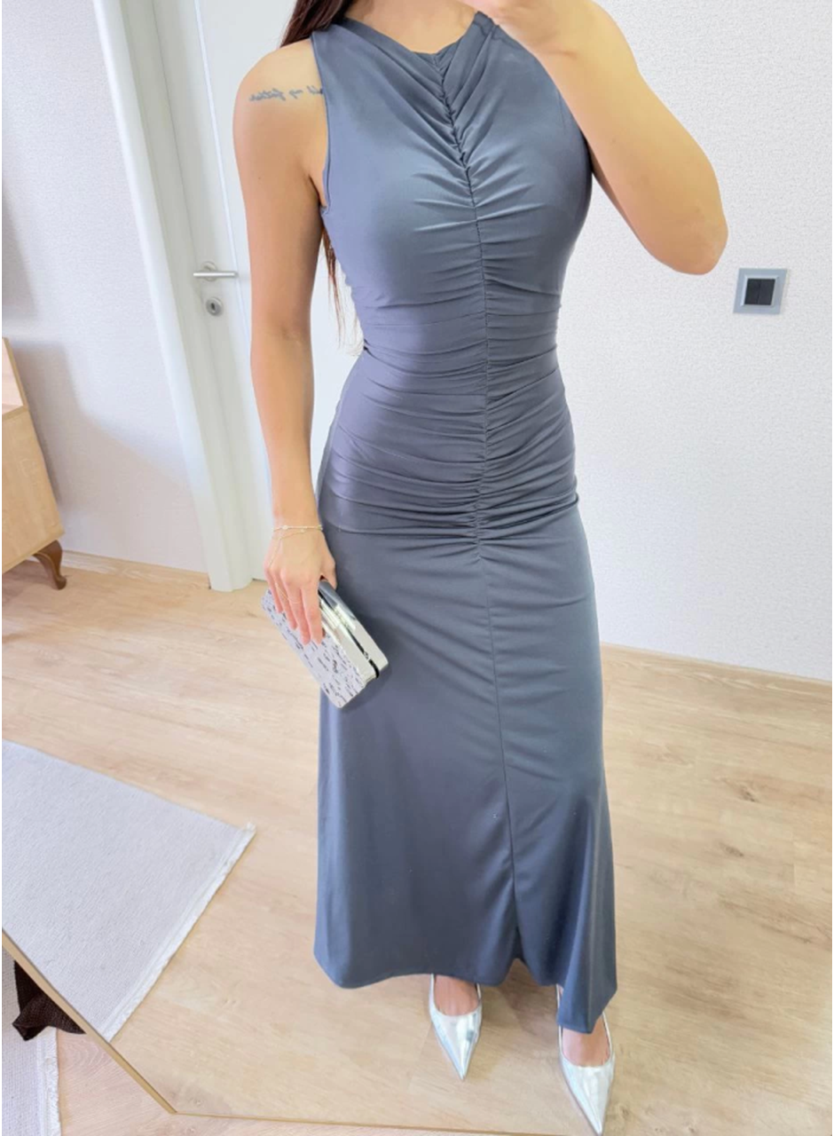 Kolsuz Büzgülü Uzun Elbise - Füme