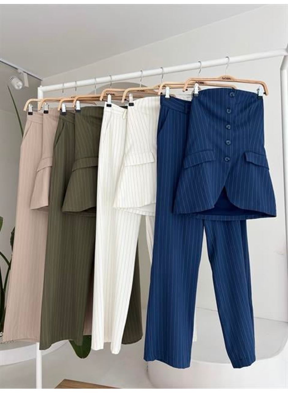 Straplez Büstiyerli Plazzo Pantolonlu Çizgili Takım 10151