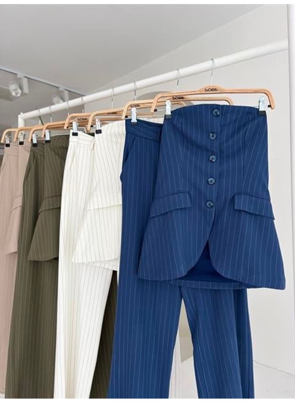 Straplez Büstiyerli Plazzo Pantolonlu Çizgili Takım 10151