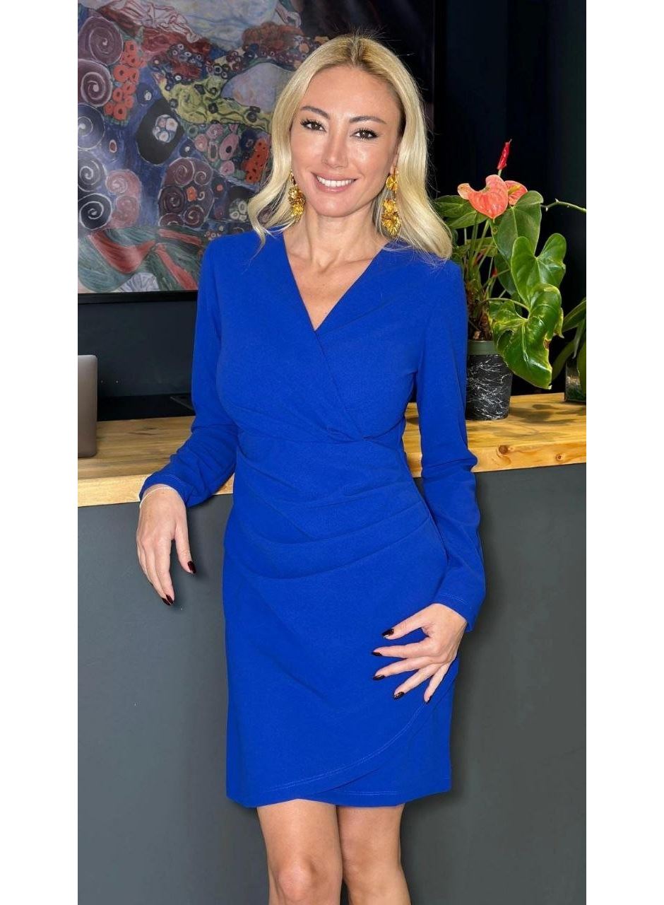 Kadın Uzun Kollu V Yaka Kruvaze Mini Elbise