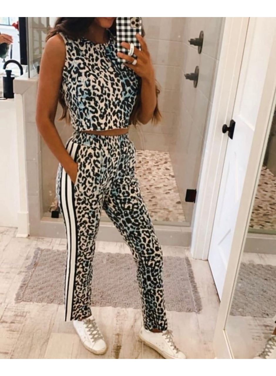 Kadın Dalgıç Kumaş Dijital Leopar Baskılı şerit Detaylı Takım