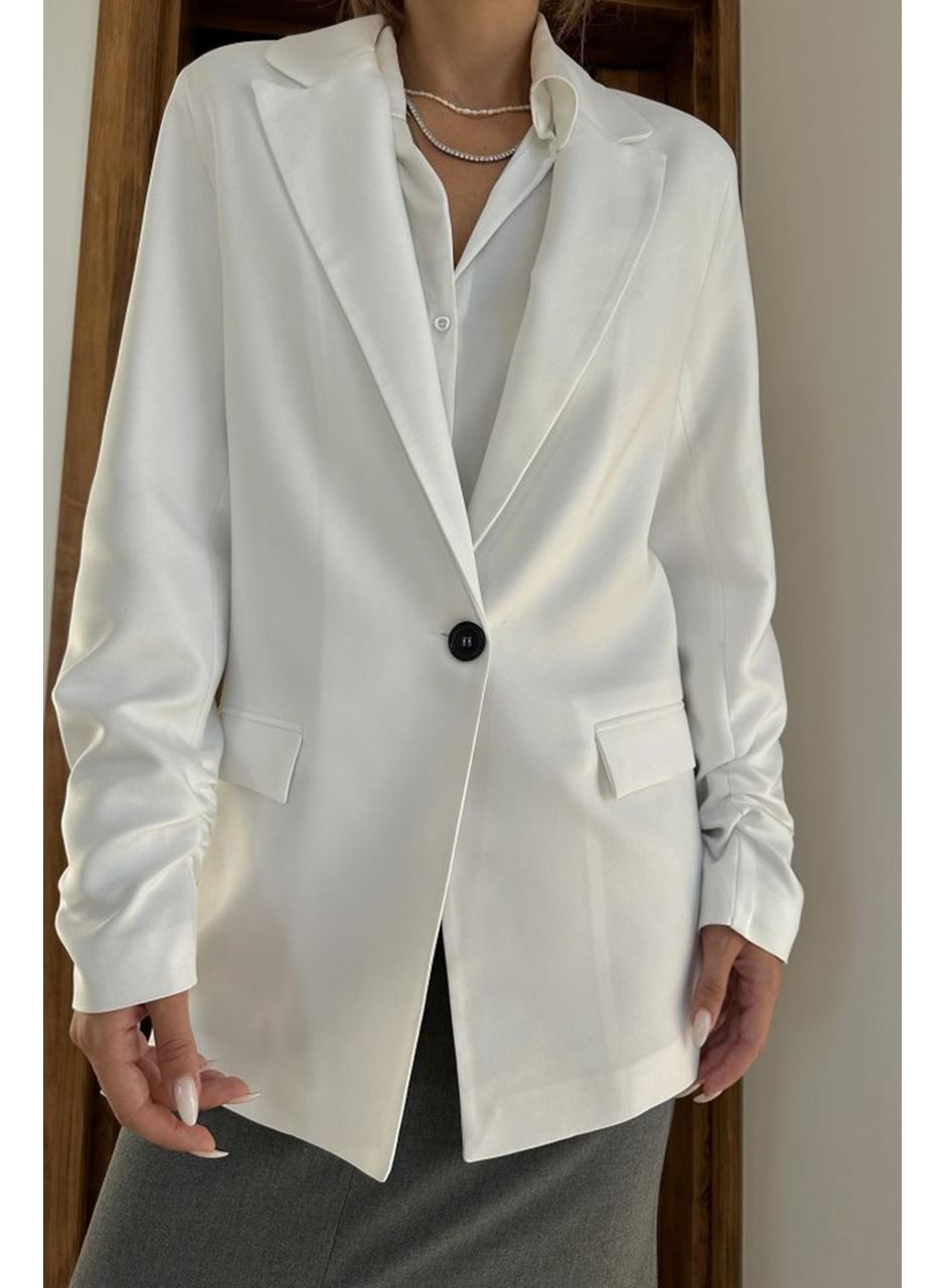 Ekru Kol Ucu Büzgülü Atlas Ceket