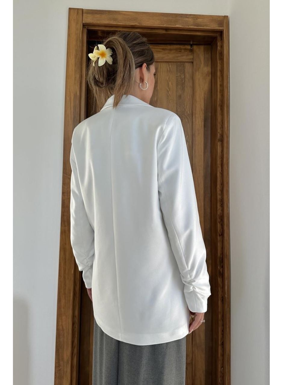 Ekru Kol Ucu Büzgülü Atlas Ceket