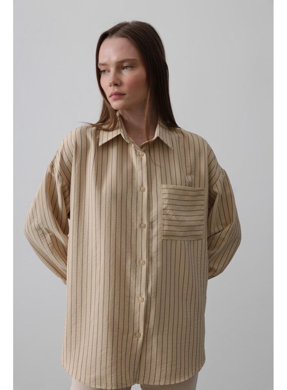 Çizgili Tek Cep Gömlek - Taş