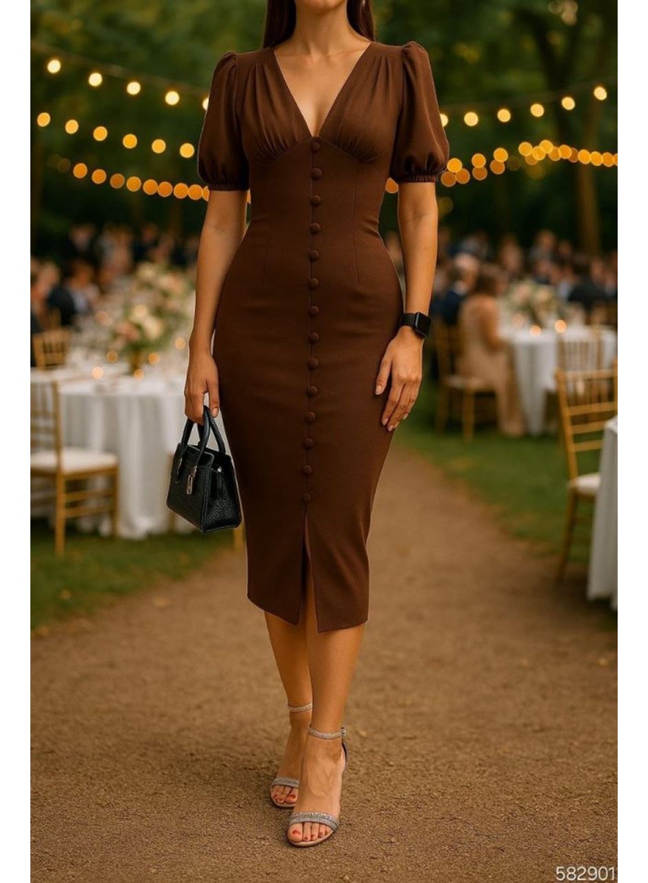 Kadın V Yaka Önü Düğmeli Sırt Pencere Dekolte Elbise