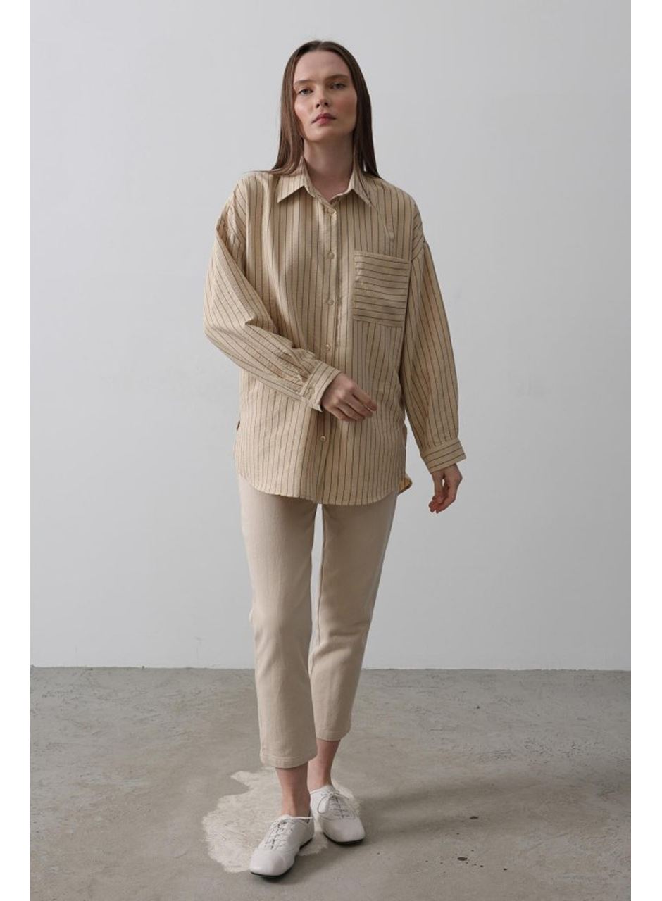 Çizgili Tek Cep Gömlek - Taş