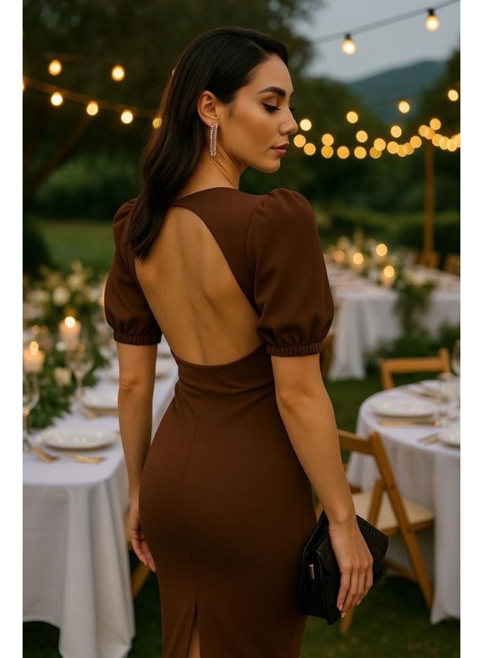 Kadın V Yaka Önü Düğmeli Sırt Pencere Dekolte Elbise