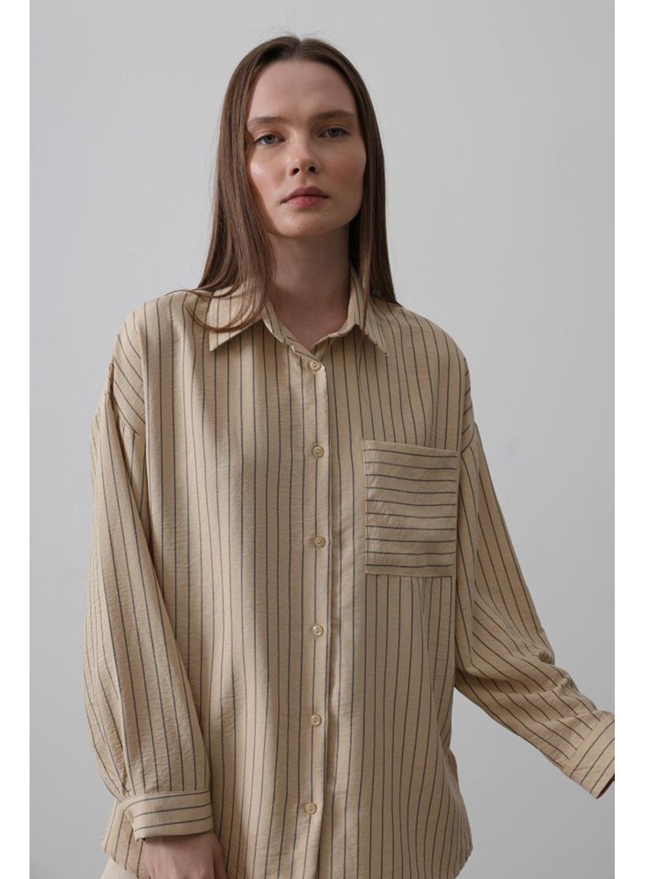 Çizgili Tek Cep Gömlek - Taş