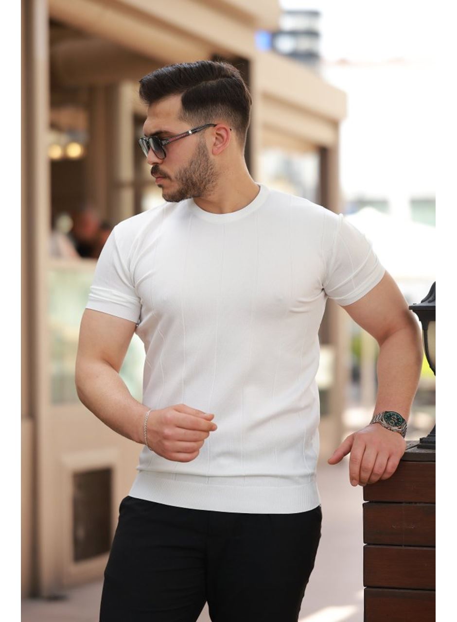 Erkek Ince çizgi Dokulu Bisiklet Yaka Kısa Kollu T-shirt