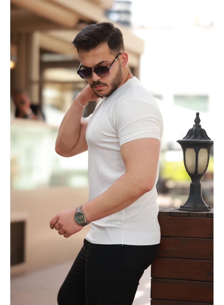 Erkek Ince çizgi Dokulu Bisiklet Yaka Kısa Kollu T-shirt