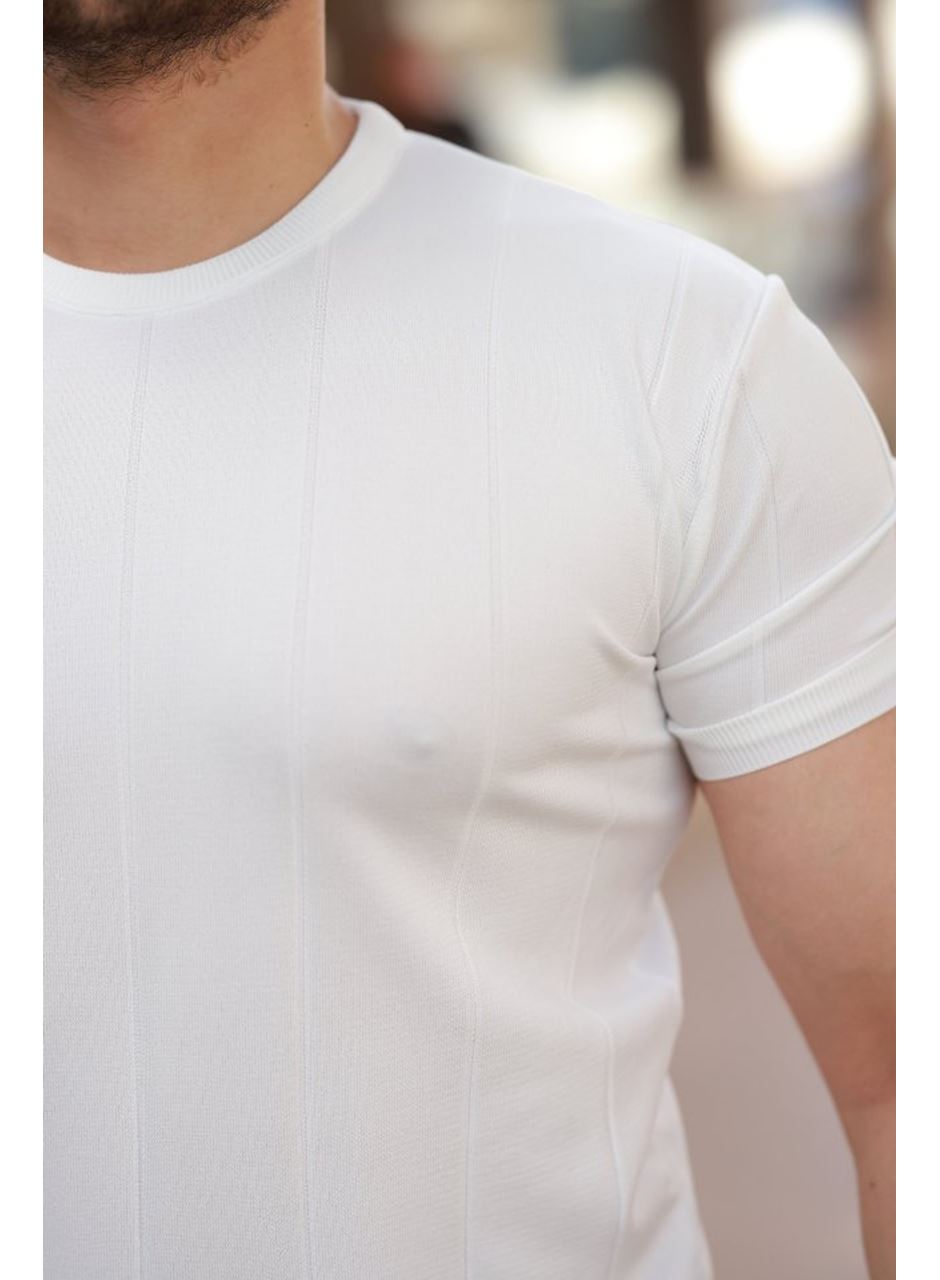 Erkek Ince çizgi Dokulu Bisiklet Yaka Kısa Kollu T-shirt