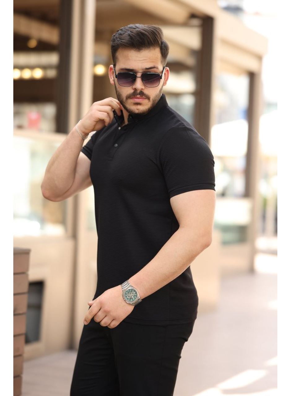 Erkek çizgi Dokulu çıtçıt Yakalı Kısa Kollu T-shirt