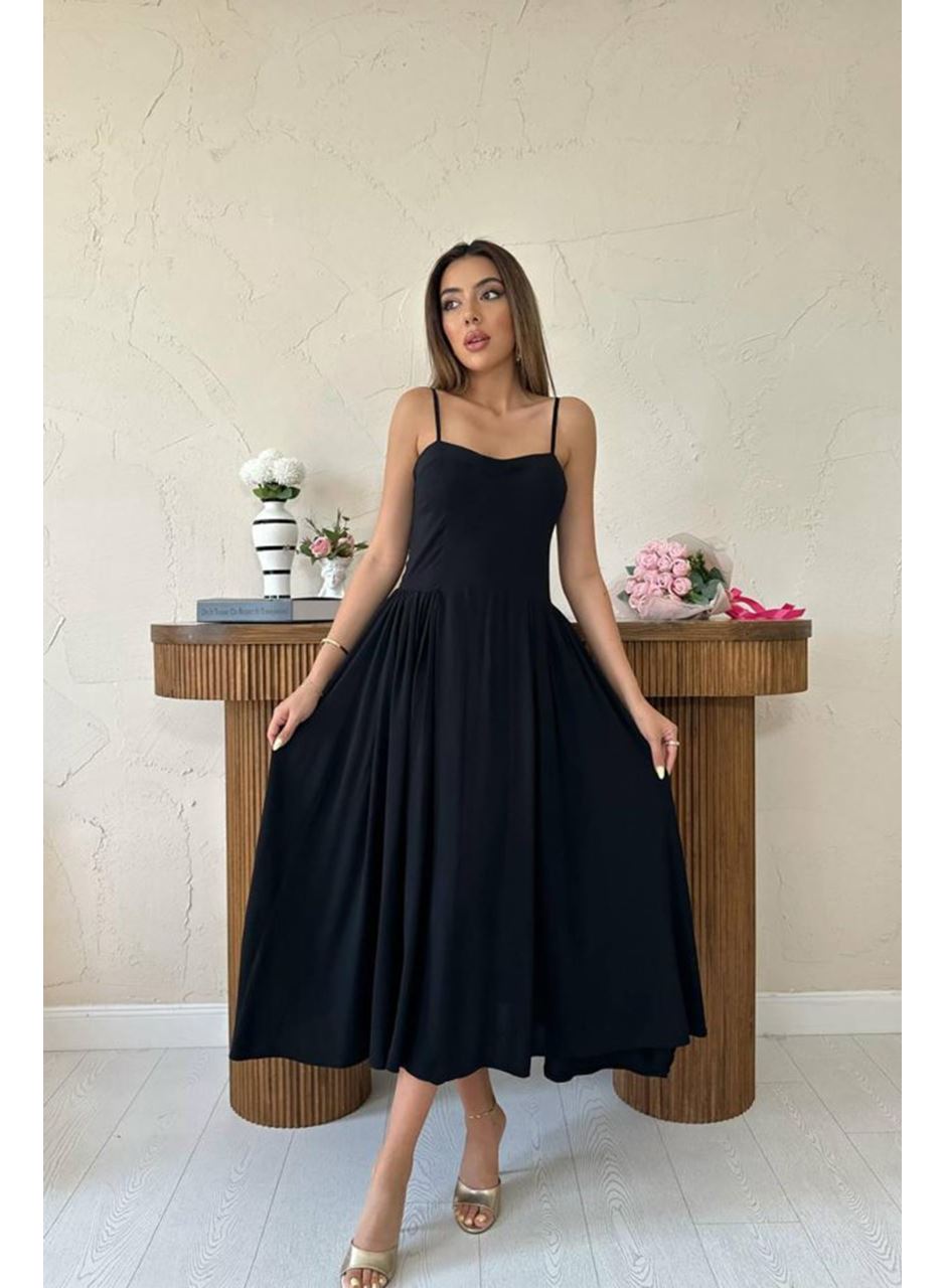 Siyah Göğüs Kuplu Uzun Büzgülü Elbise