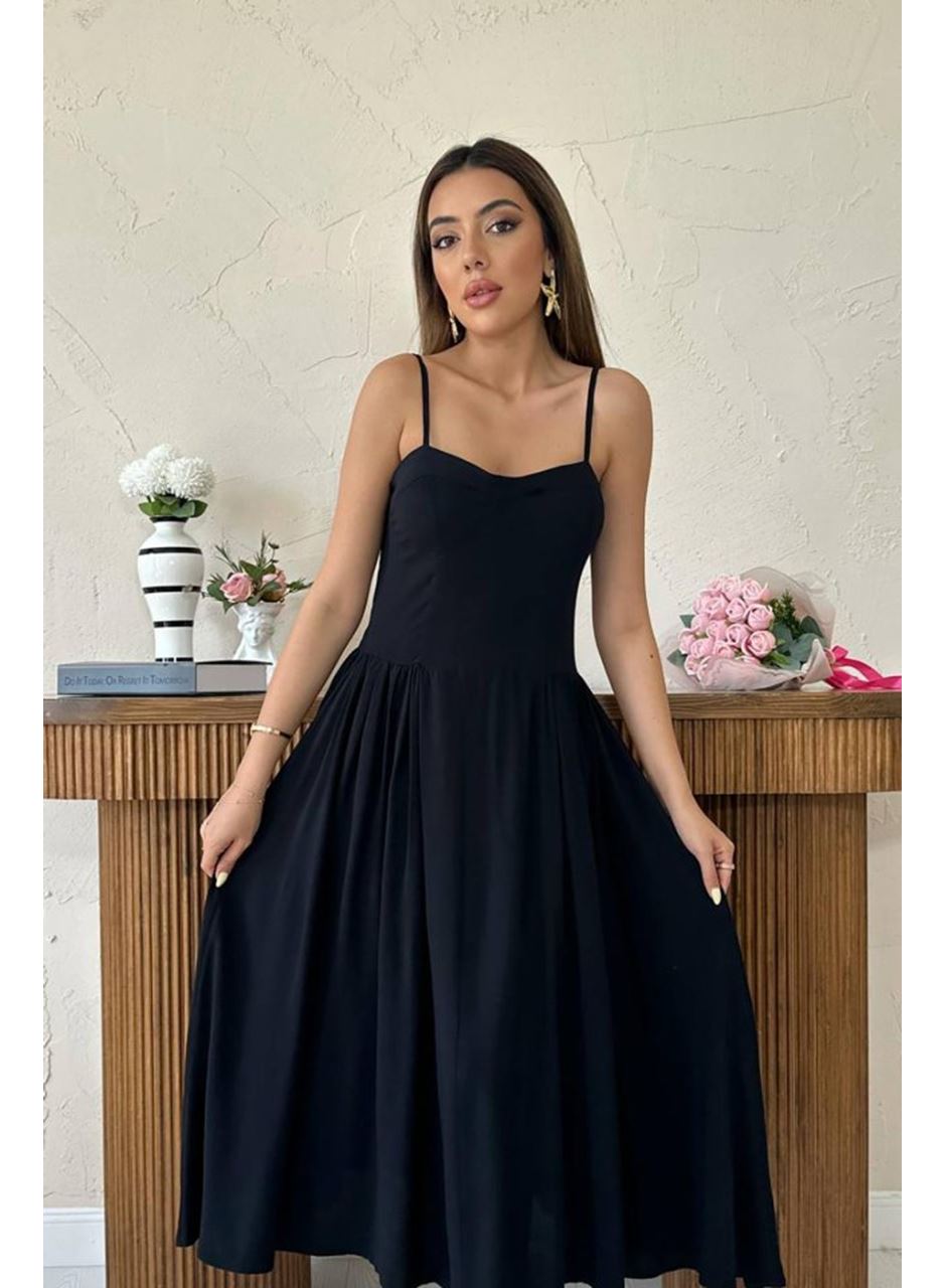 Siyah Göğüs Kuplu Uzun Büzgülü Elbise