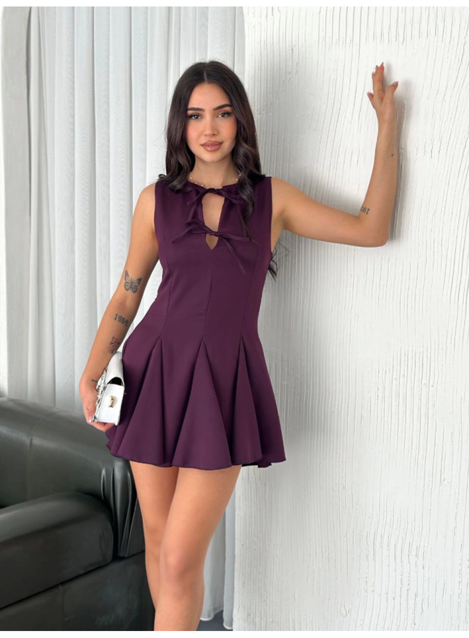 Göğüs Bağlamalı Kolsuz Mini Boy Elbise - Gül Kurusu