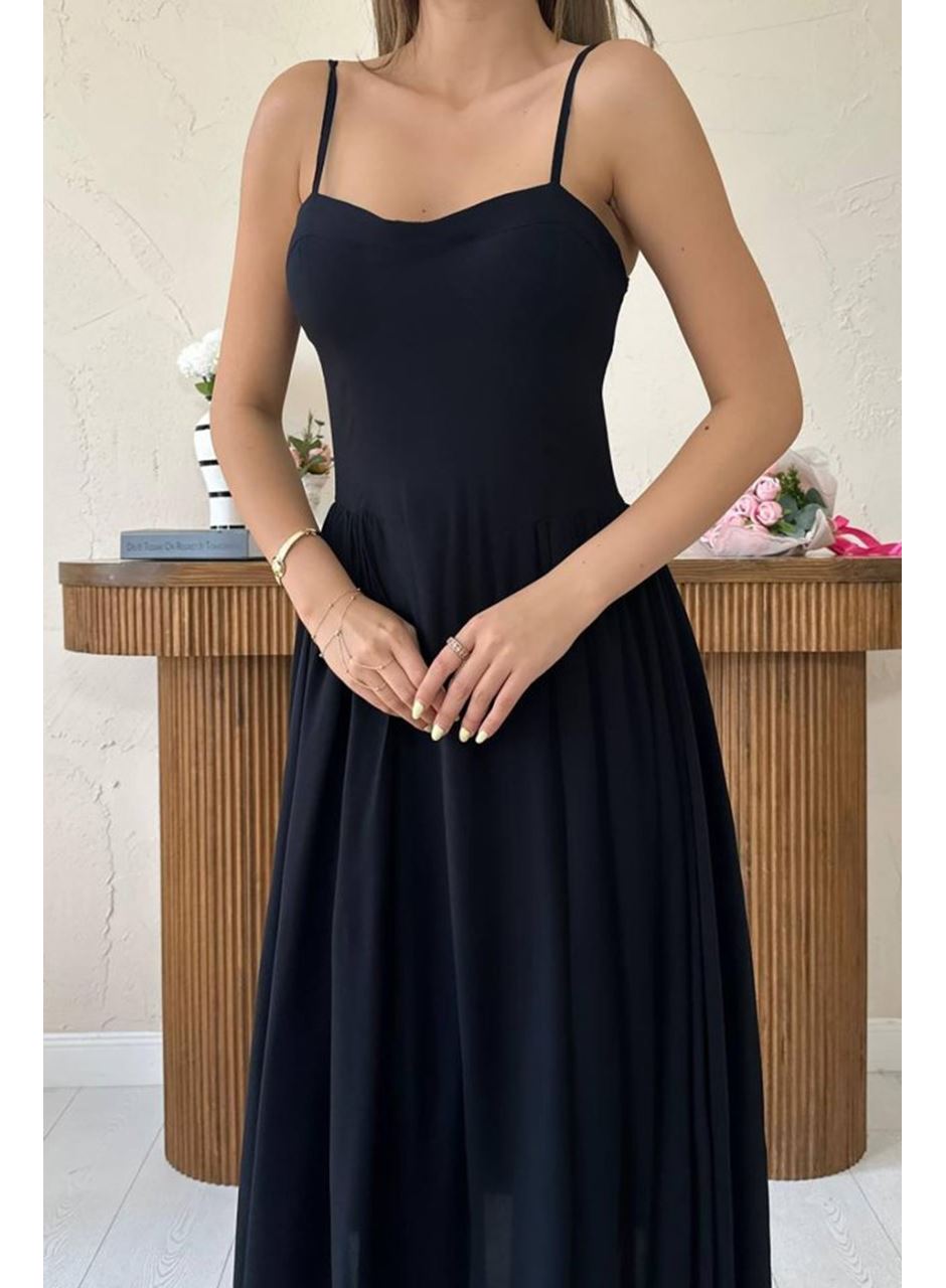 Siyah Göğüs Kuplu Uzun Büzgülü Elbise