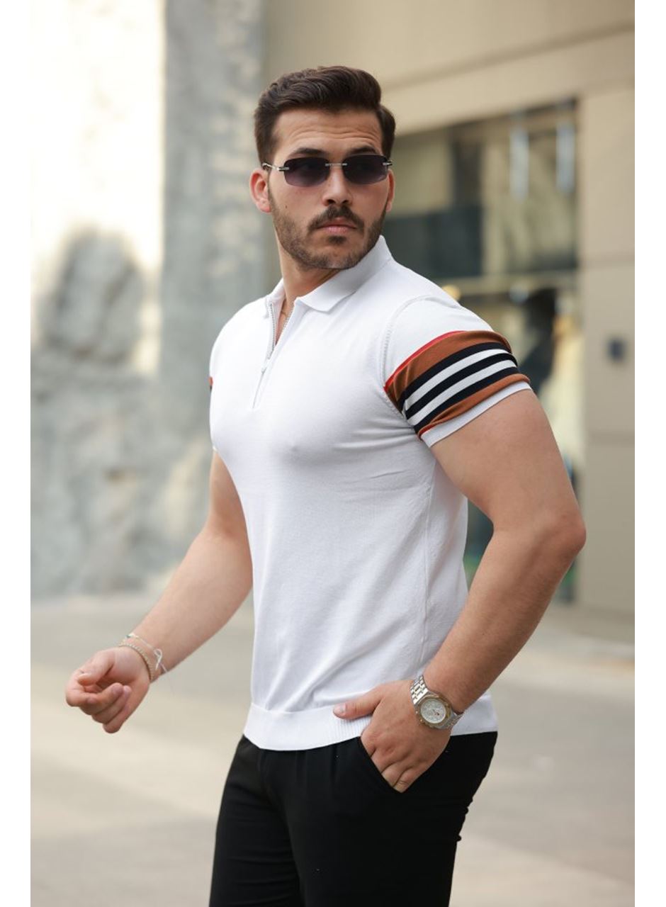 Erkek Fermuar Yakalı Kolları Desenli Kısa Kollu Tişört