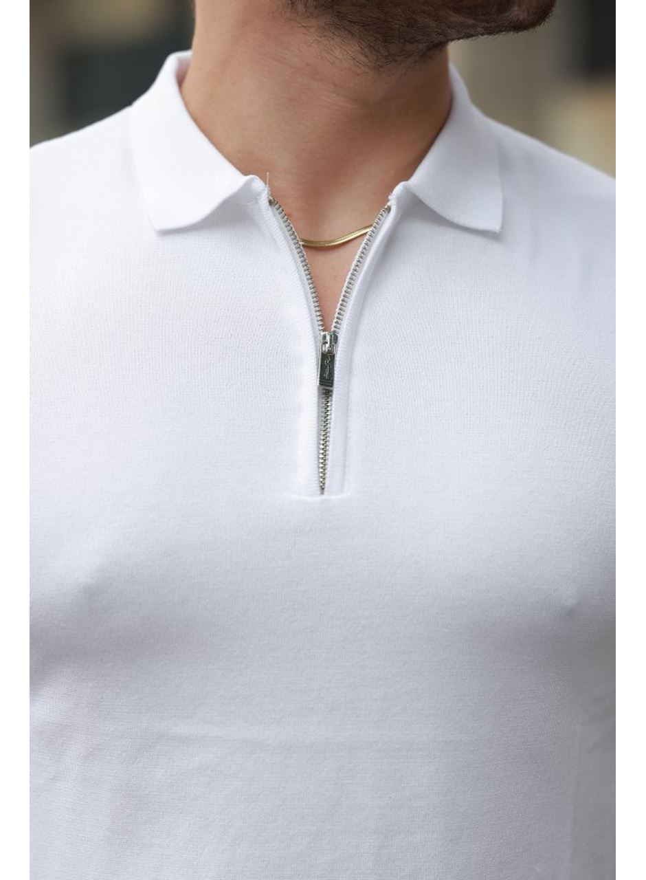 Erkek Fermuar Yakalı Kolları Desenli Kısa Kollu Tişört