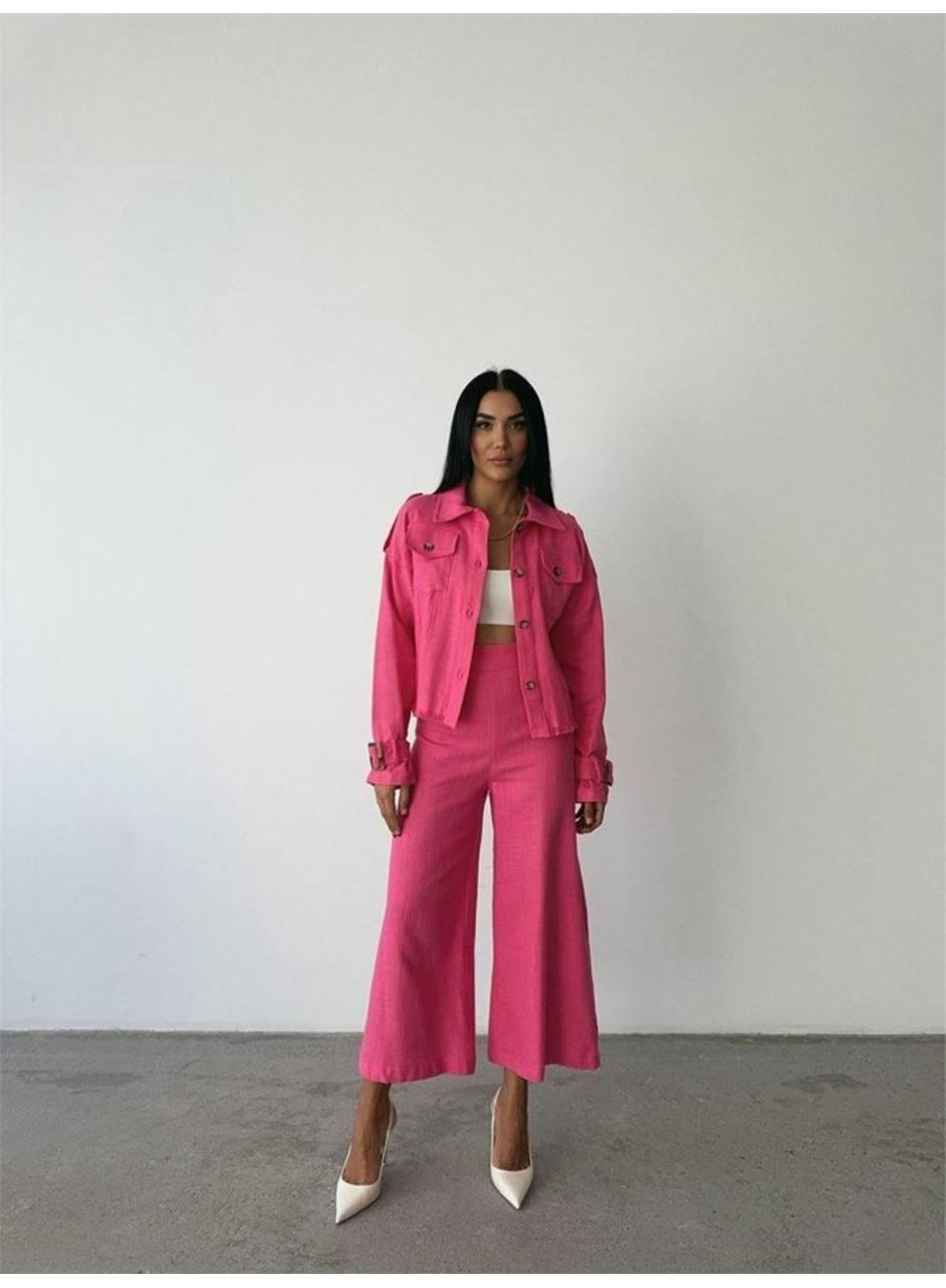 KETEN PÜSKÜL DETAYLI GÖMLEK-PANTOLON TAKIM - Fuşya