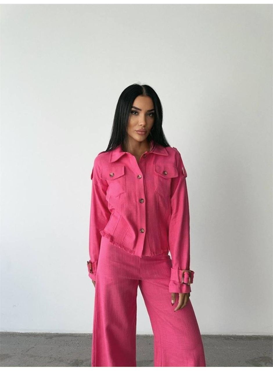 KETEN PÜSKÜL DETAYLI GÖMLEK-PANTOLON TAKIM - Fuşya