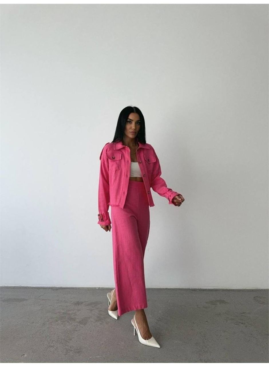 KETEN PÜSKÜL DETAYLI GÖMLEK-PANTOLON TAKIM - Fuşya