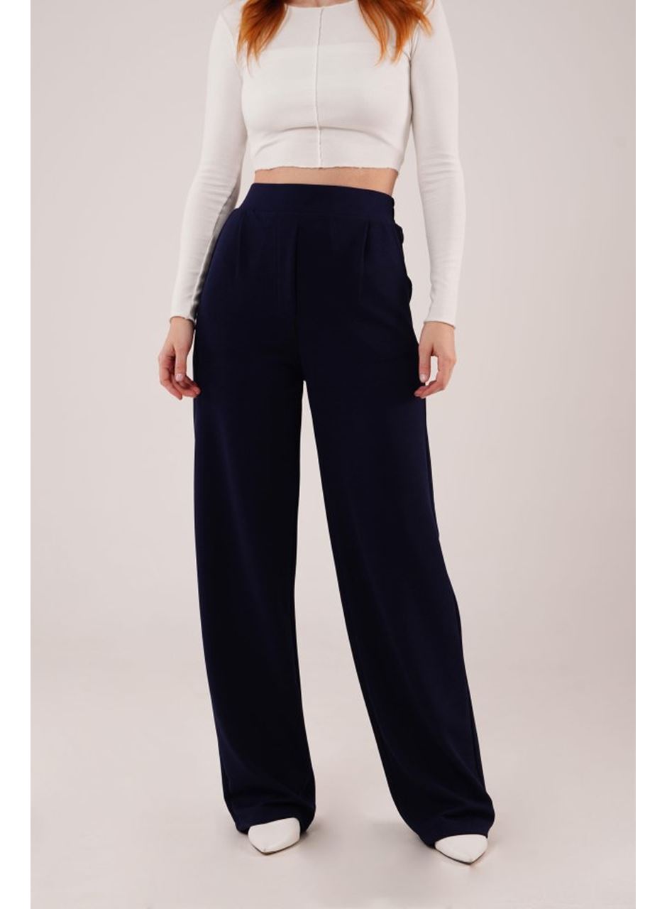 Yüksek Bel Bol Paça Krep Lacivert Pantolon